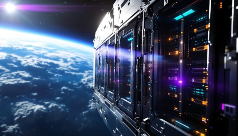 Futuristic space data centers with large solar arrays orbiting Earth above cloud