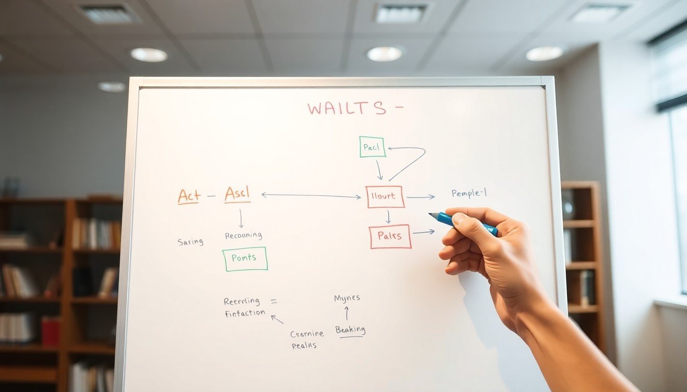 advanced prompt engineering: Hand pointing to a flowchart diagram on a whiteboard illustrating prompt engineering steps...