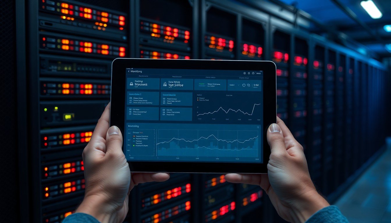 AI workflow mistakes: Server rack with red warning lights and hands holding tablet showing monitoring alerts