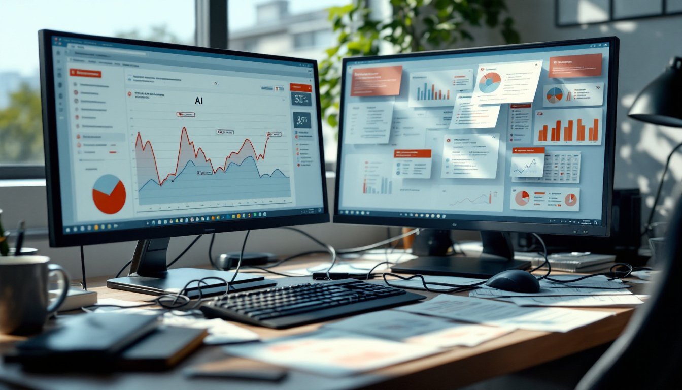AI workflow mistakes: Office desk with two monitors showing AI workflow errors and warning icons, tangled cables and papers