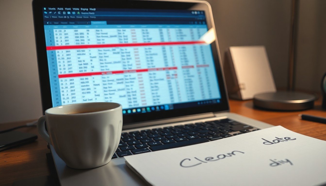 AI workflow mistakes: Laptop screen showing messy CSV data with red error highlights, coffee cup and note beside it