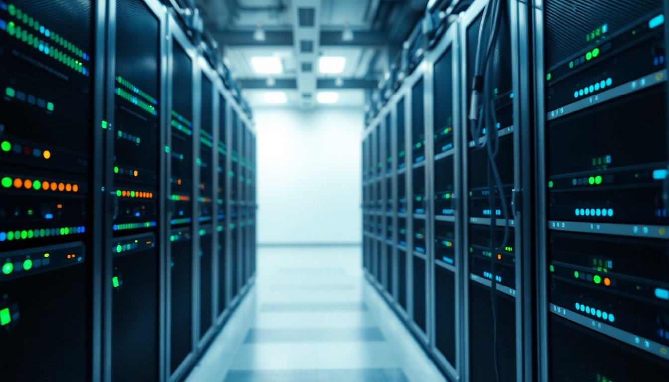evolution of AI workflows: Data center server racks with blinking lights and cable management.