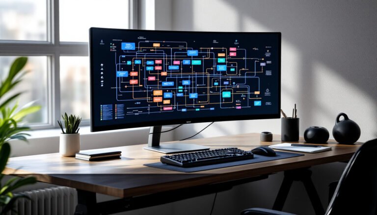 evolution of AI workflows: Modern office desk with monitor showing AI workflow flowchart, keyboard and mouse.