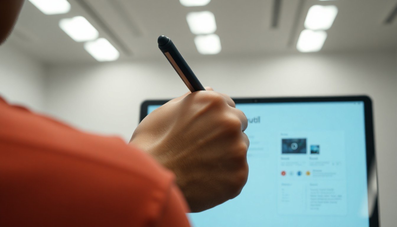 evolution of AI workflows: Hand holding stylus over tablet with AI workflow interface, blurred background.