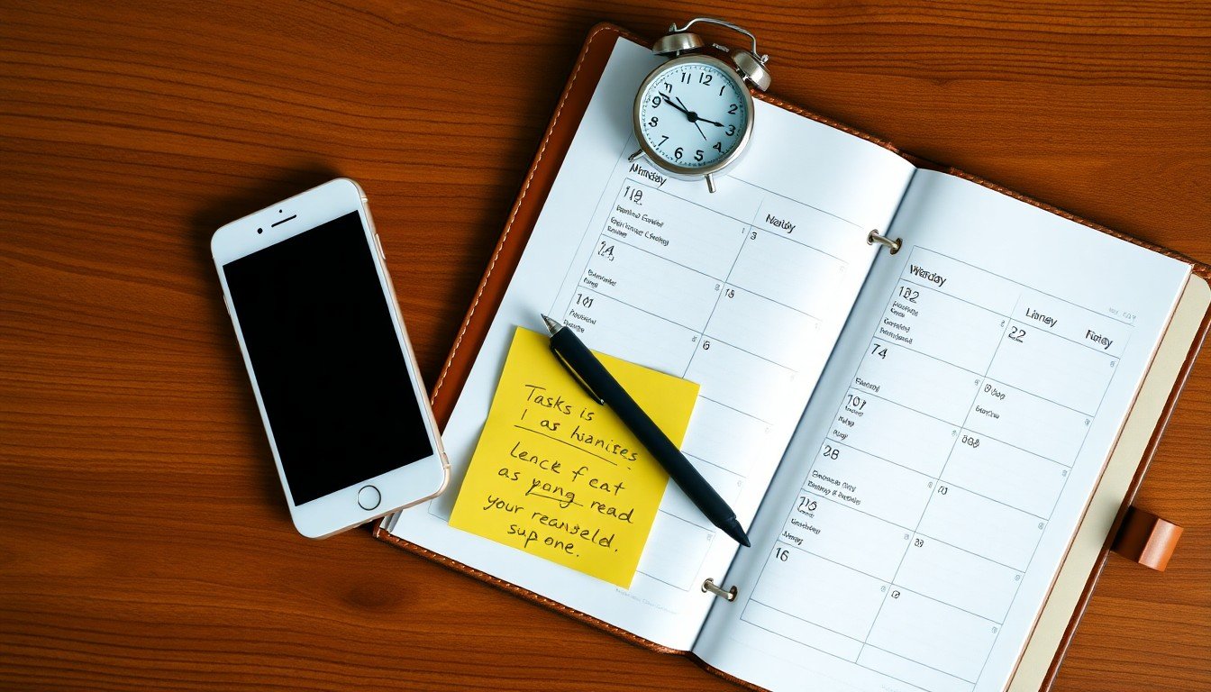 prompt engineering use cases: Smartphone and open planner with sticky note and pen on desk, digital clock in background