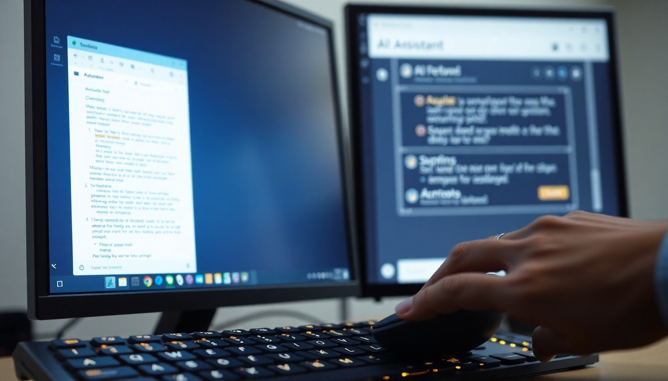 prompt engineering use cases: Computer monitor split between email client and AI assistant with suggestion bubbles,...