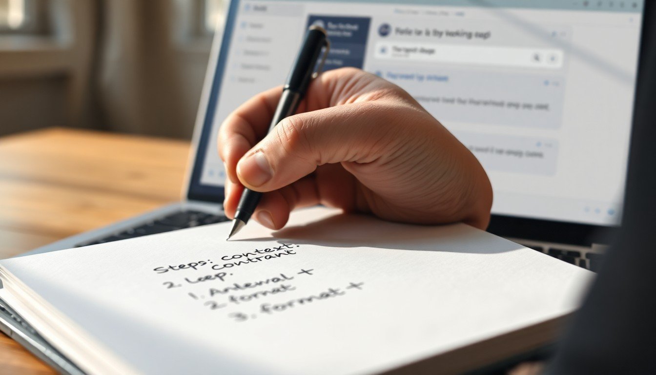 prompt engineering vs search: Hand writing prompt engineering steps in notebook with laptop screen blurred in background