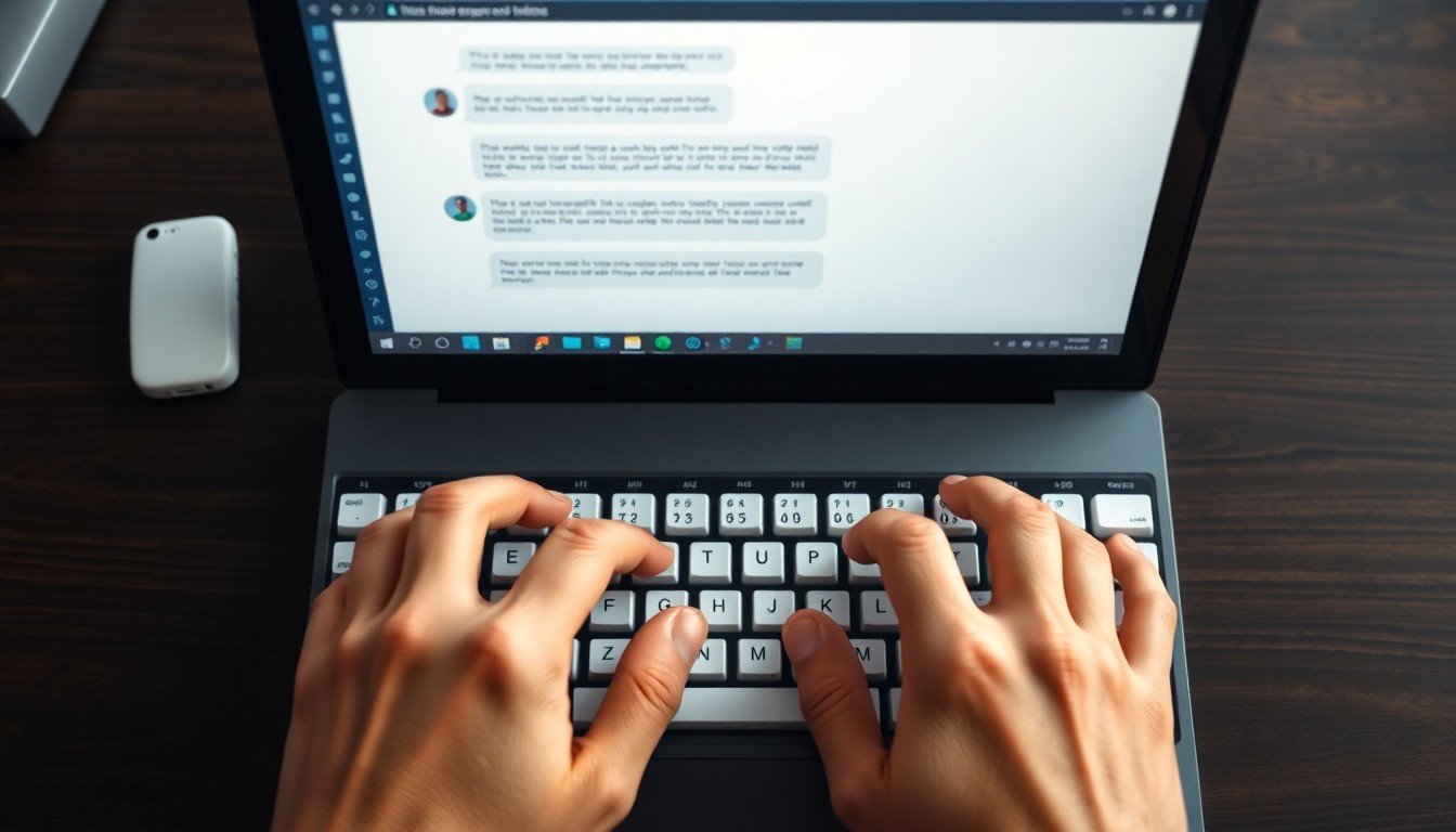 prompt engineering vs search: Hands typing on mechanical keyboard with chat interface behind