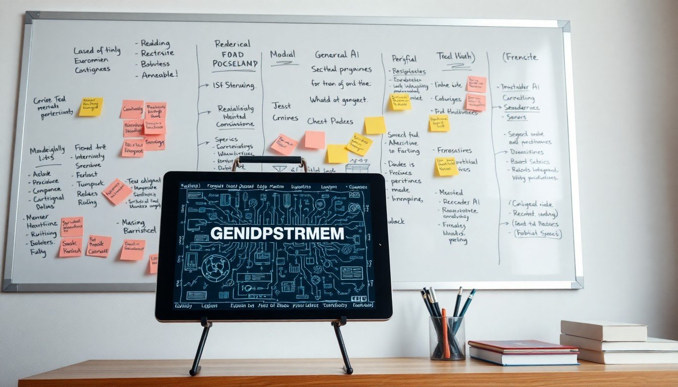 use generative AI: Whiteboard with sticky notes and tablet showing AI brainstorming results