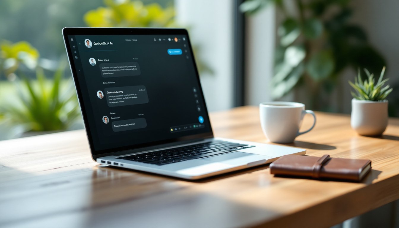 use generative AI: Laptop on desk displaying generative AI chat interface with coffee and notebook nearby