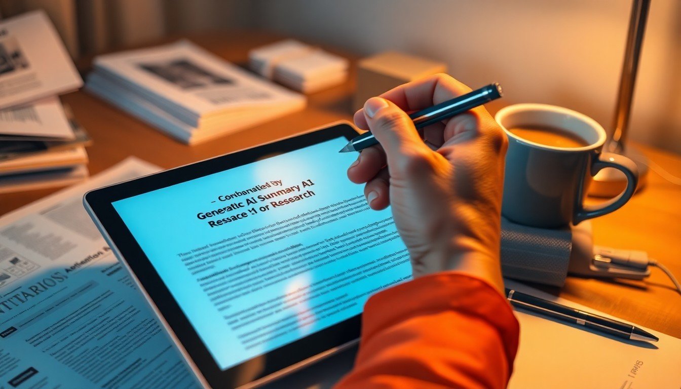 use generative AI: Hand using stylus on tablet highlighting AI-generated summary of research documents