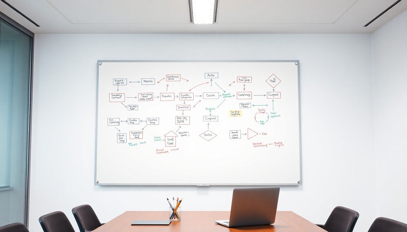 advanced prompt engineering techniques: Whiteboard in a conference room with a colorful workflow diagram showing...