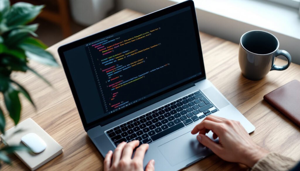 advanced prompt engineering techniques: Laptop on a desk showing a text editor with a numbered multi-step prompt and code