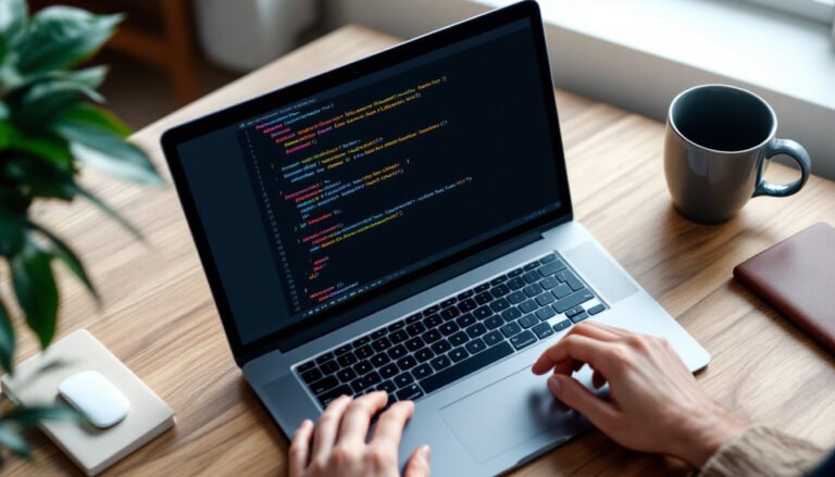 advanced prompt engineering techniques: Laptop on a desk showing a text editor with a numbered multi-step prompt and code