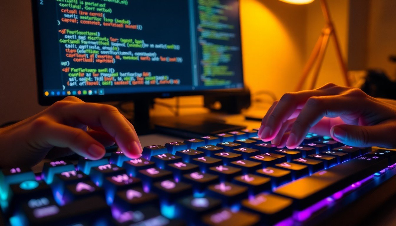advanced prompt engineering techniques: Hands typing on a mechanical keyboard with a terminal showing API commands on a...