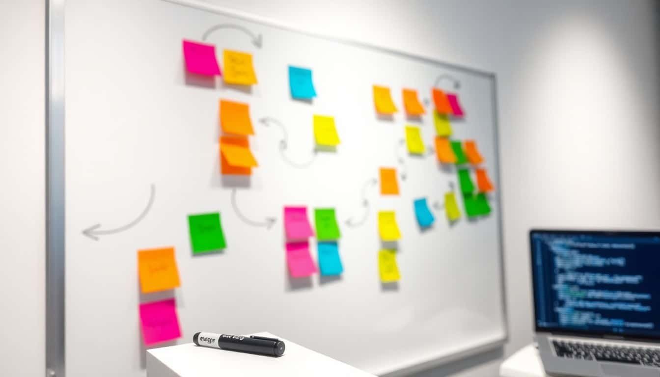AI automation workflows: Whiteboard with sticky notes and arrows forming a workflow diagram, laptop with code in background.