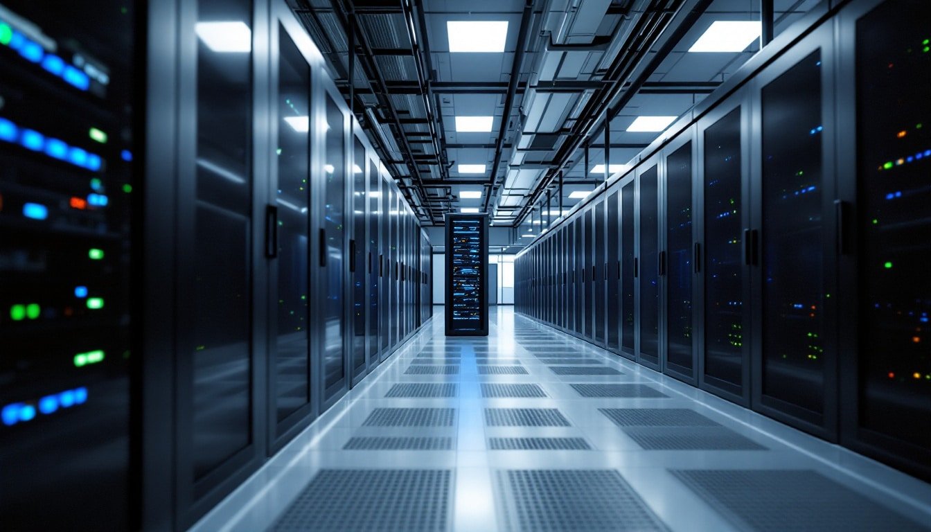 AI automation workflows: Data center aisle with server racks and blue LED lights