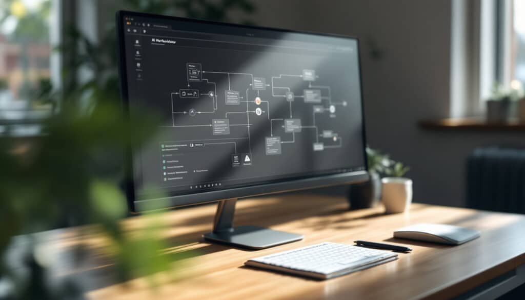 AI automation workflows: Computer monitor displaying a flowchart-style AI automation workflow builder on a desk with...