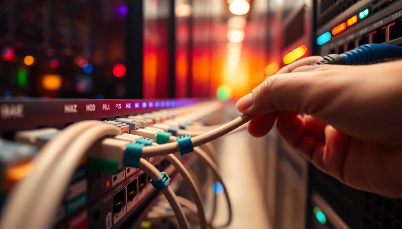 AI automation workflows: Hand plugging Ethernet cable into network switch with blinking lights