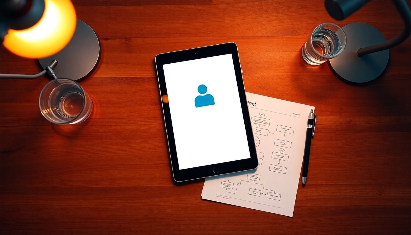 ai for beginners: Tablet with AI app icon beside printed cheat sheet and stylus on wooden desk