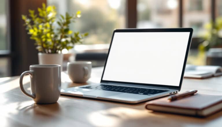 ai for beginners: Laptop on desk with AI chat interface, notebook, coffee mug, and plant in natural light