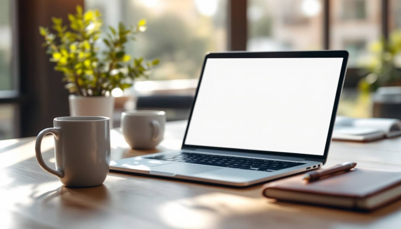 ai for beginners: Laptop on desk with AI chat interface, notebook, coffee mug, and plant in natural light