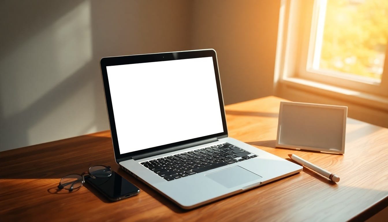 ai prompt engineering: Laptop with blank screen, smartphone, glasses, and whiteboard on sunlit desk