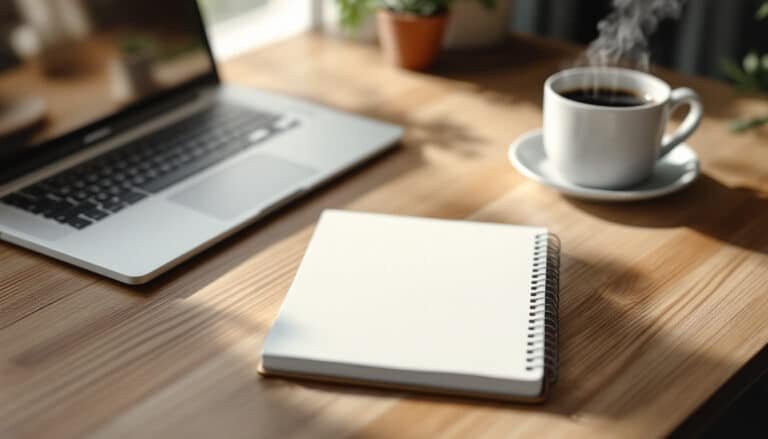 ai prompt engineering: Modern desk with closed laptop, notebook, pen, coffee mug, and succulent in natural light