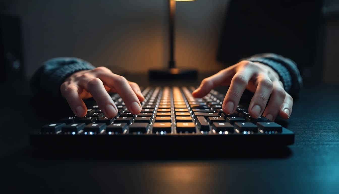 ai prompt engineering: Hands from behind typing on backlit mechanical keyboard in dim room