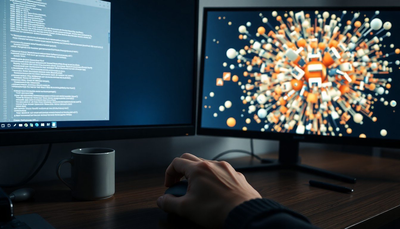 AI prompting mistakes: A hand using a mouse in front of dual monitors showing a text editor and a messy AI image
