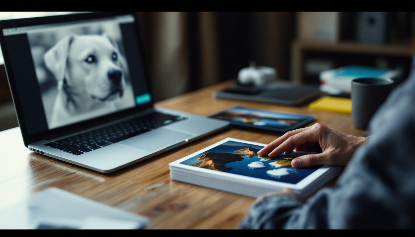 AI prompting mistakes: A hand placing a distorted AI-generated print on a stack next to a laptop on a wooden desk