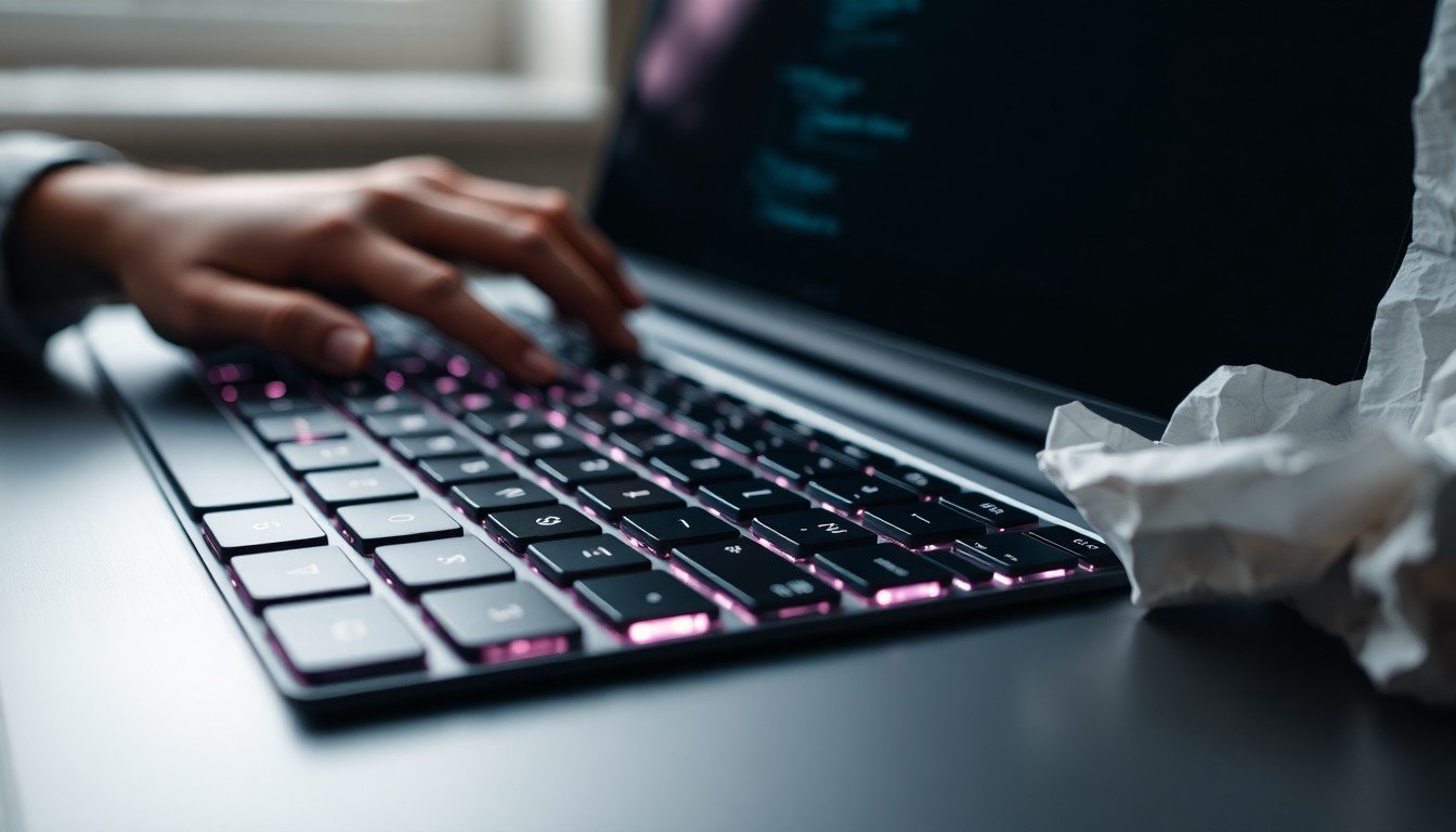 AI prompting mistakes: Hands typing on a keyboard with a crumpled paper beside the laptop