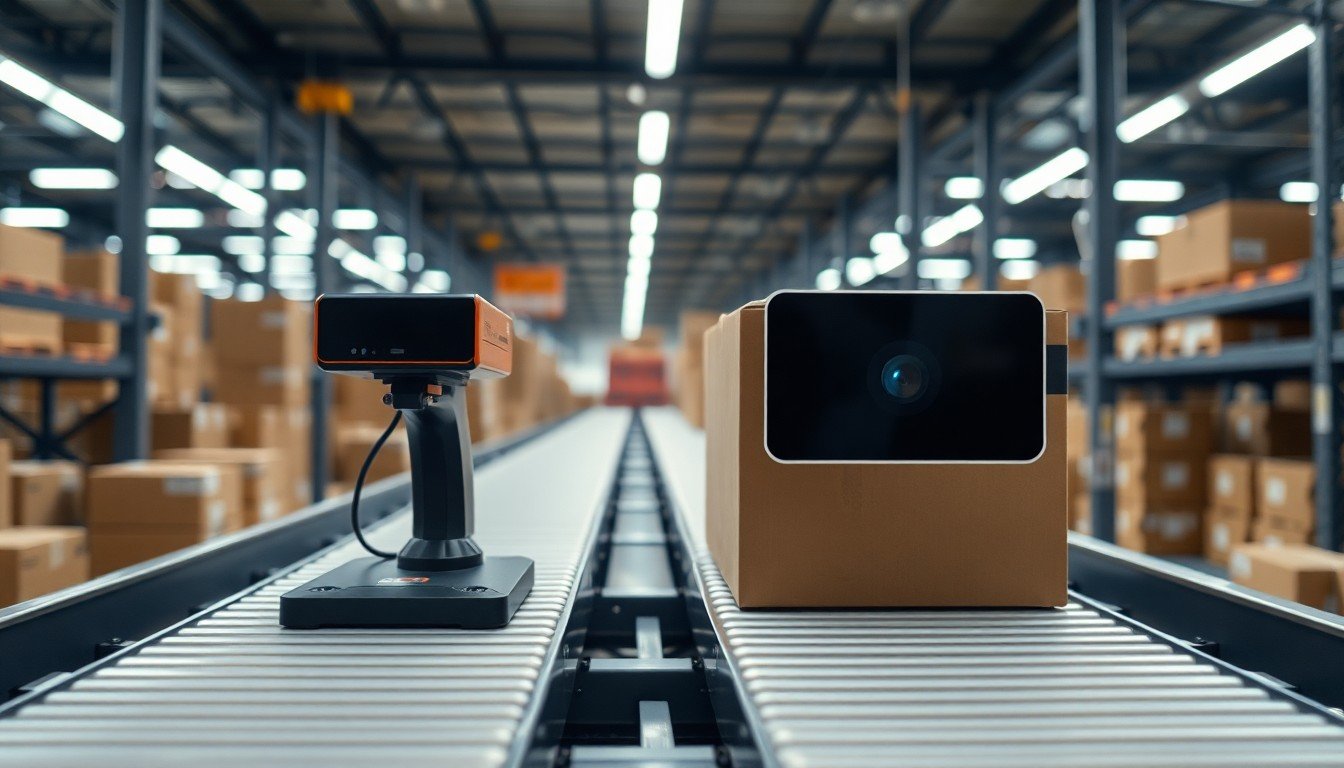 AI vs traditional automation: Warehouse sorting station with barcode scanner and AI camera.