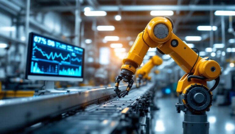 AI vs traditional automation: Industrial factory floor with robotic arm and AI monitor display.