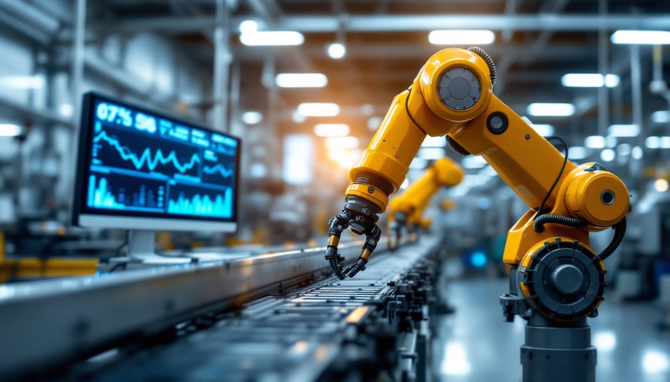 AI vs traditional automation: Industrial factory floor with robotic arm and AI monitor display.