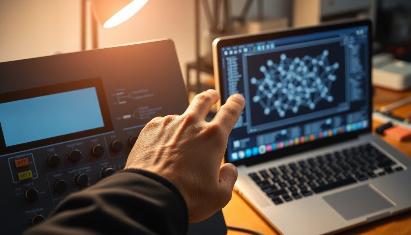 AI vs traditional automation: Hand adjusting PLC panel next to laptop with neural network.