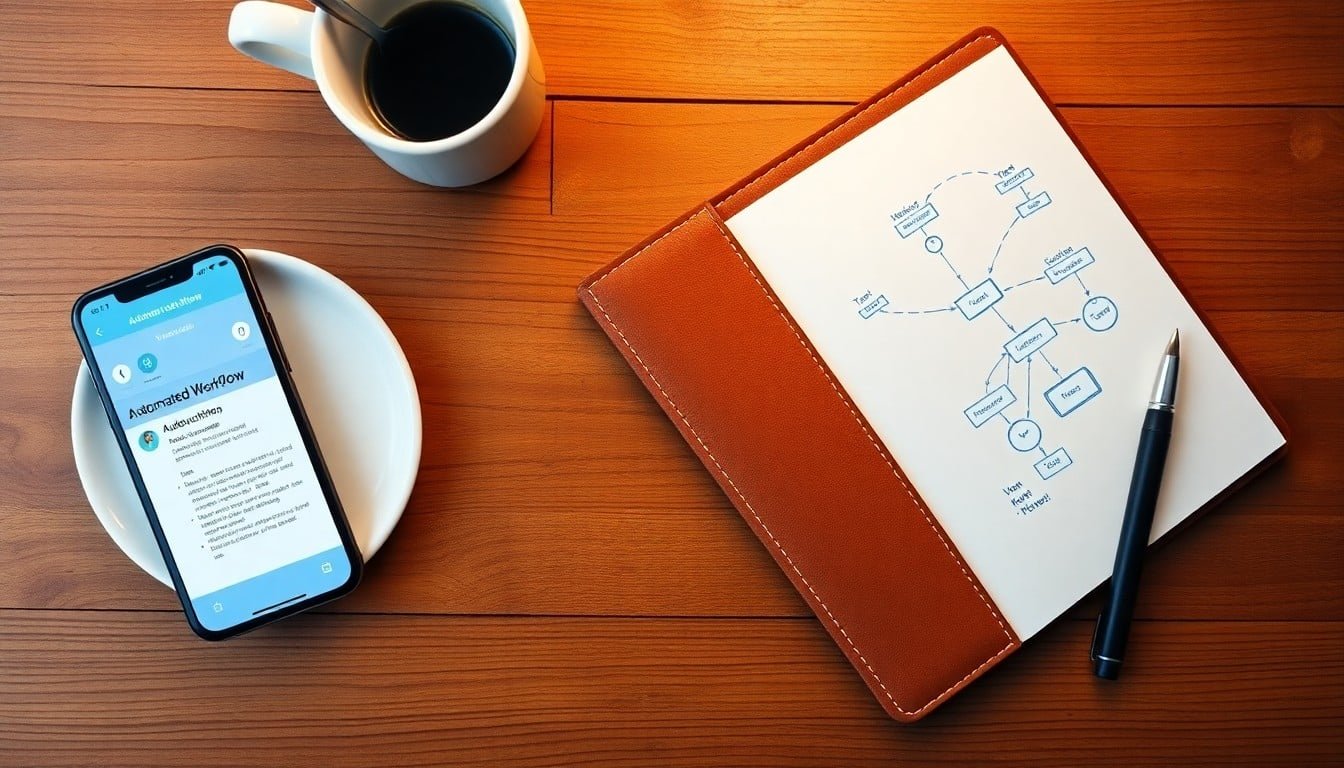 AI workflow automation: Top-down desk with smartphone notification, notebook with flowchart, coffee cup