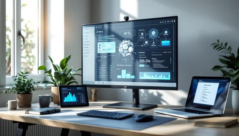 Modern desk with monitor showing AI workflow automation dashboard, laptop and tablet, natural lighting
