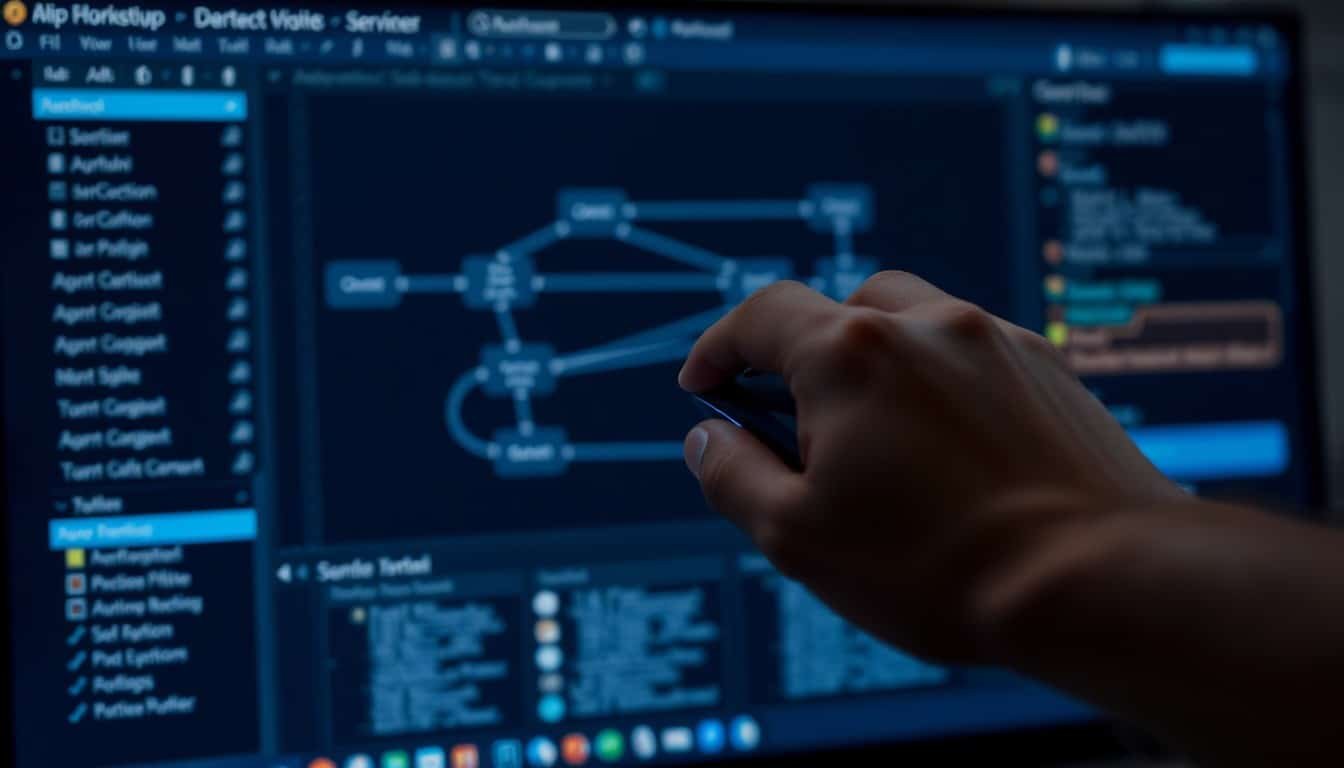 AI workflow automation: Close-up of screen with workflow automation nodes and hand using mouse