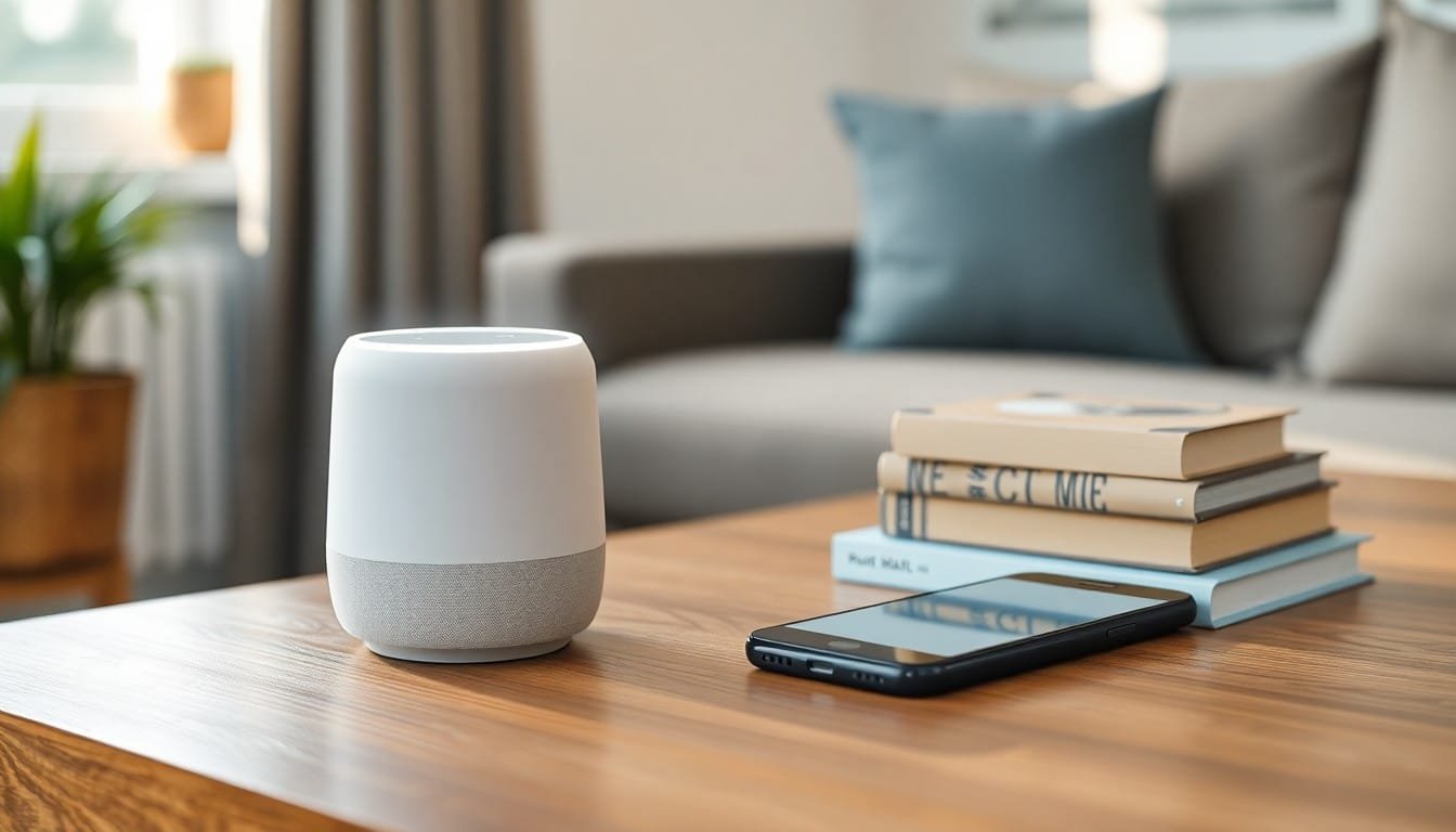 artificial intelligence explained: White smart speaker with glowing ring on a wooden table next to a smartphone and books.