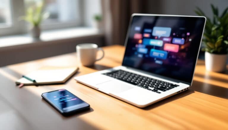 artificial intelligence explained: Home office desk with laptop and smartphone displaying AI chatbot interfaces, notebook...