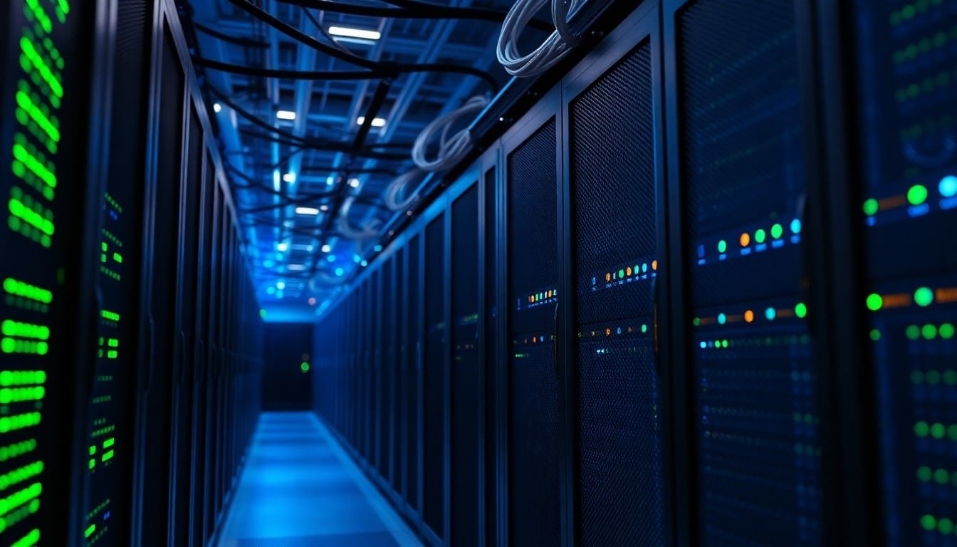artificial intelligence explained: Aisle of server racks with blinking LED lights in a data center, representing AI...