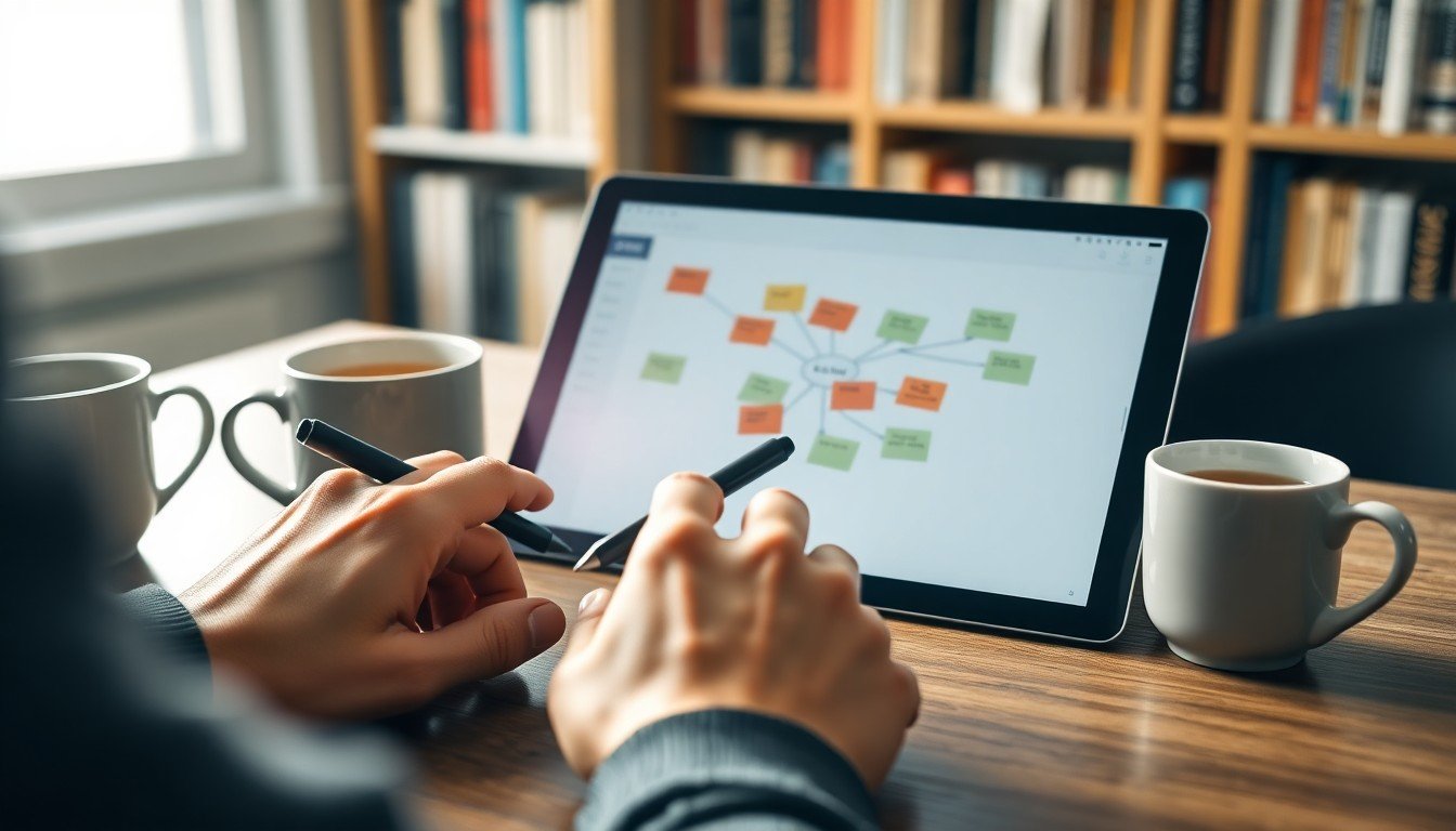cas d’usage LLM: Hands using a stylus on a tablet with an LLM project management mind map, tea mug beside it.