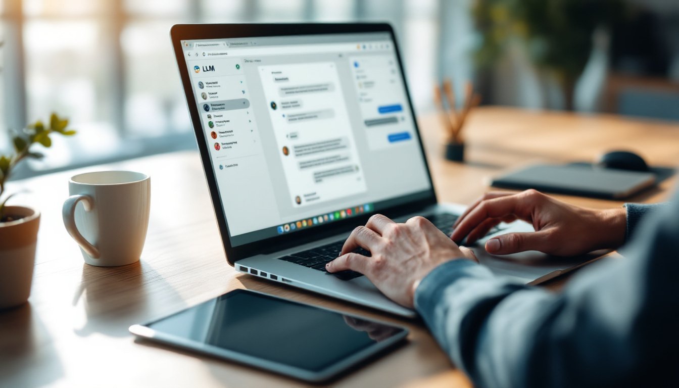 cas d’usage LLM: Hands typing on a laptop with an LLM chat and document editor visible on screen, desk with tablet and...