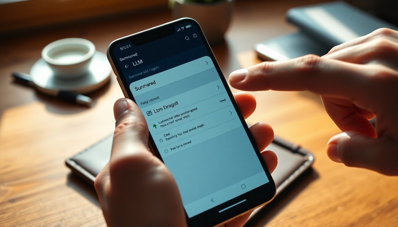 cas d’usage LLM: Hands holding a smartphone showing an LLM app with email summaries and reply draft on a desk.