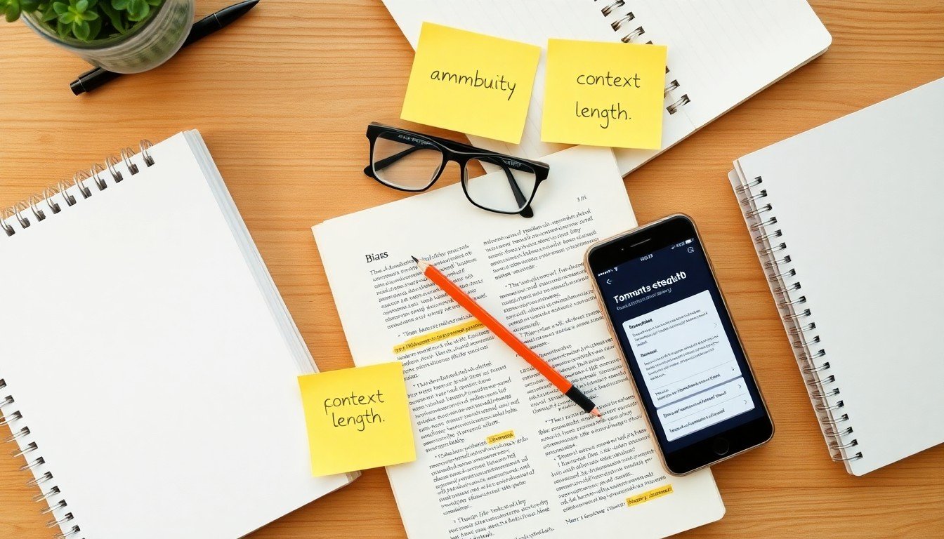 erreurs LLM: Flat lay desk with notebooks, sticky notes listing common LLM errors, and a smartphone.