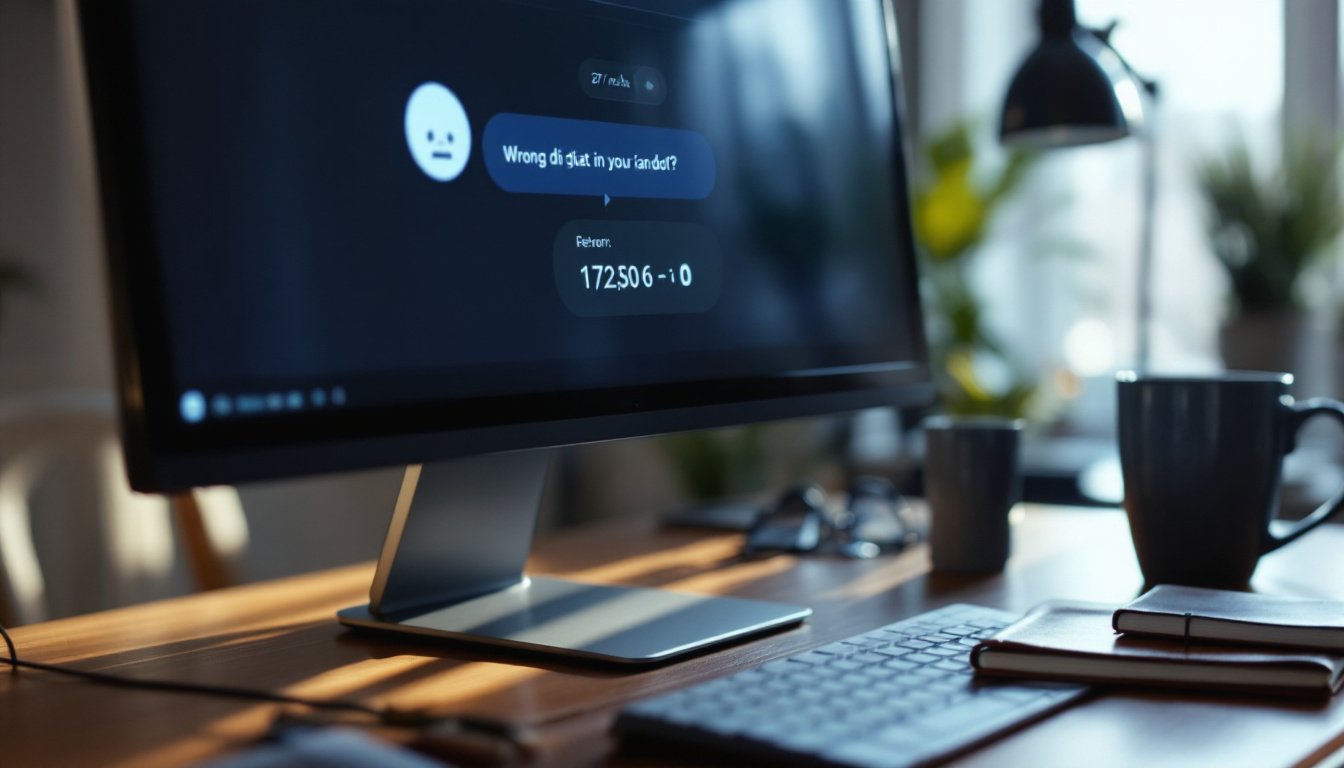 erreurs LLM: Computer monitor showing an LLM chatbot with an incorrect response, a coffee cup and notebook on a desk.