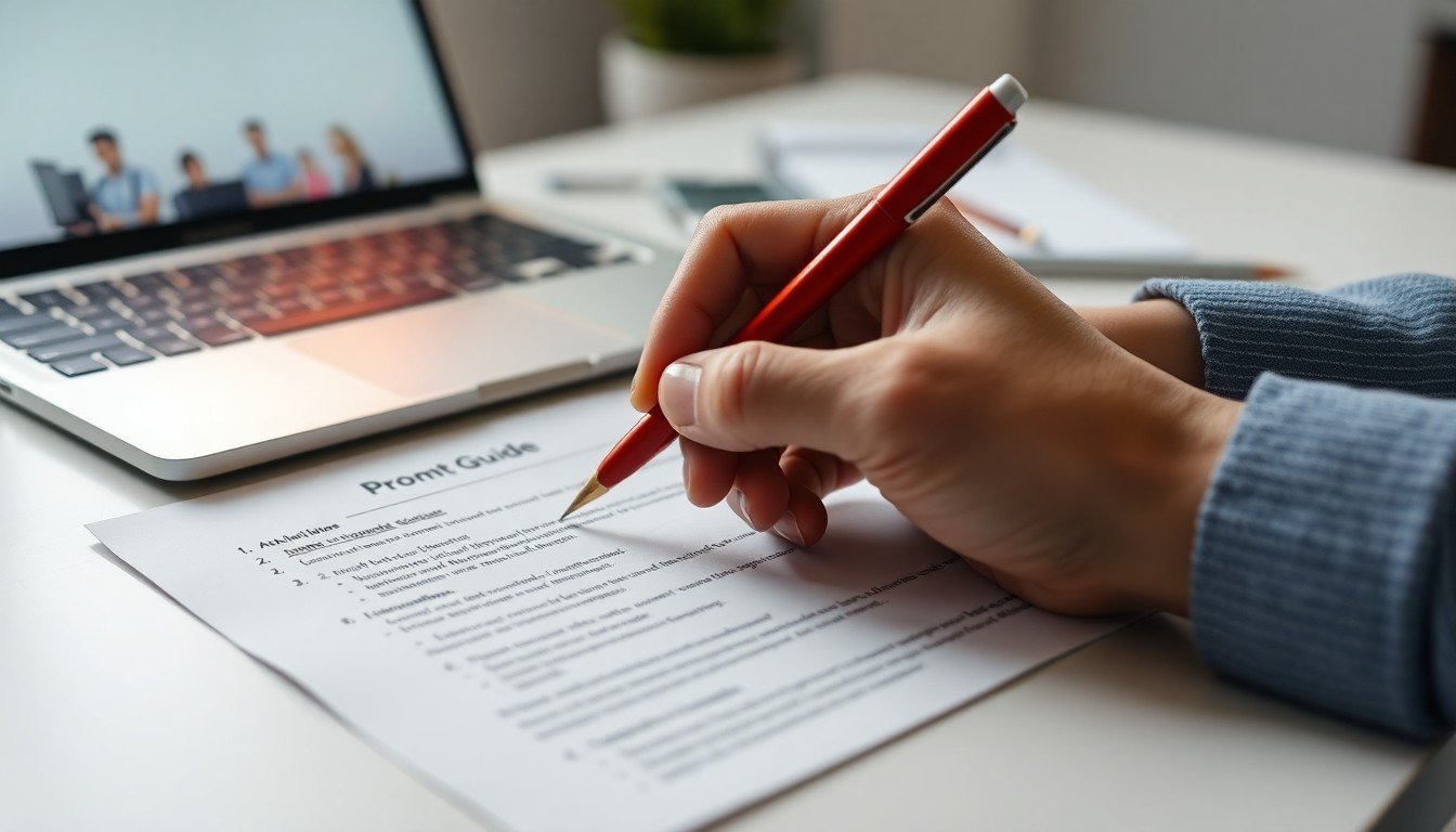 erreurs LLM: Hands holding a red pen correcting a printed prompt guide on a desk.