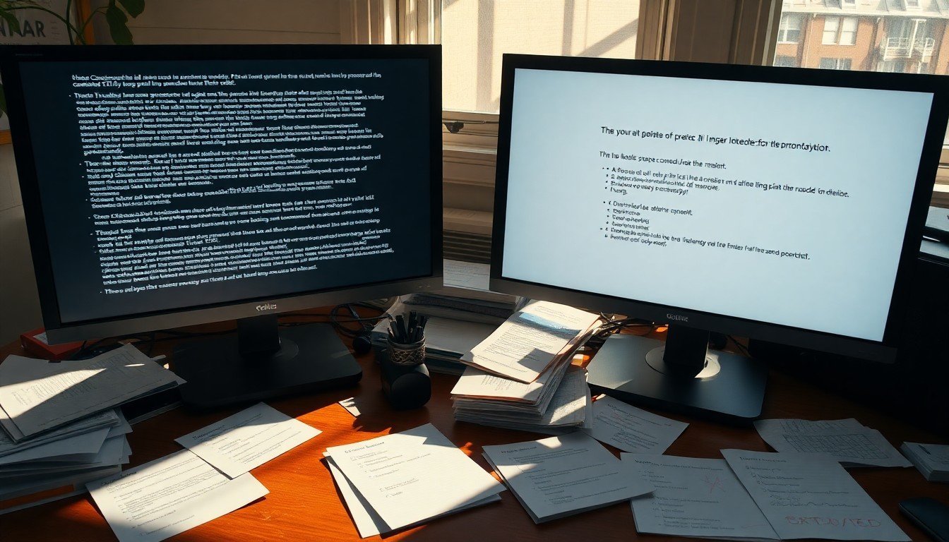 erreurs prompt IA: Cluttered desk with dual monitors displaying overloaded AI prompt and error message
