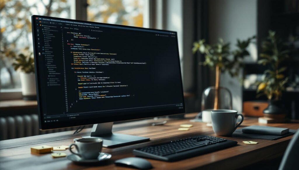 erreurs prompt IA: Desk with monitor showing vague AI prompt, coffee mug, and sticky notes in natural light